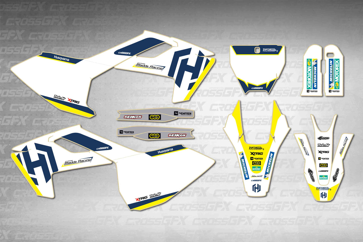 Husqvarna FS 450 2016-2018 Stock White graphics kit - flat layout showing all decal pieces included