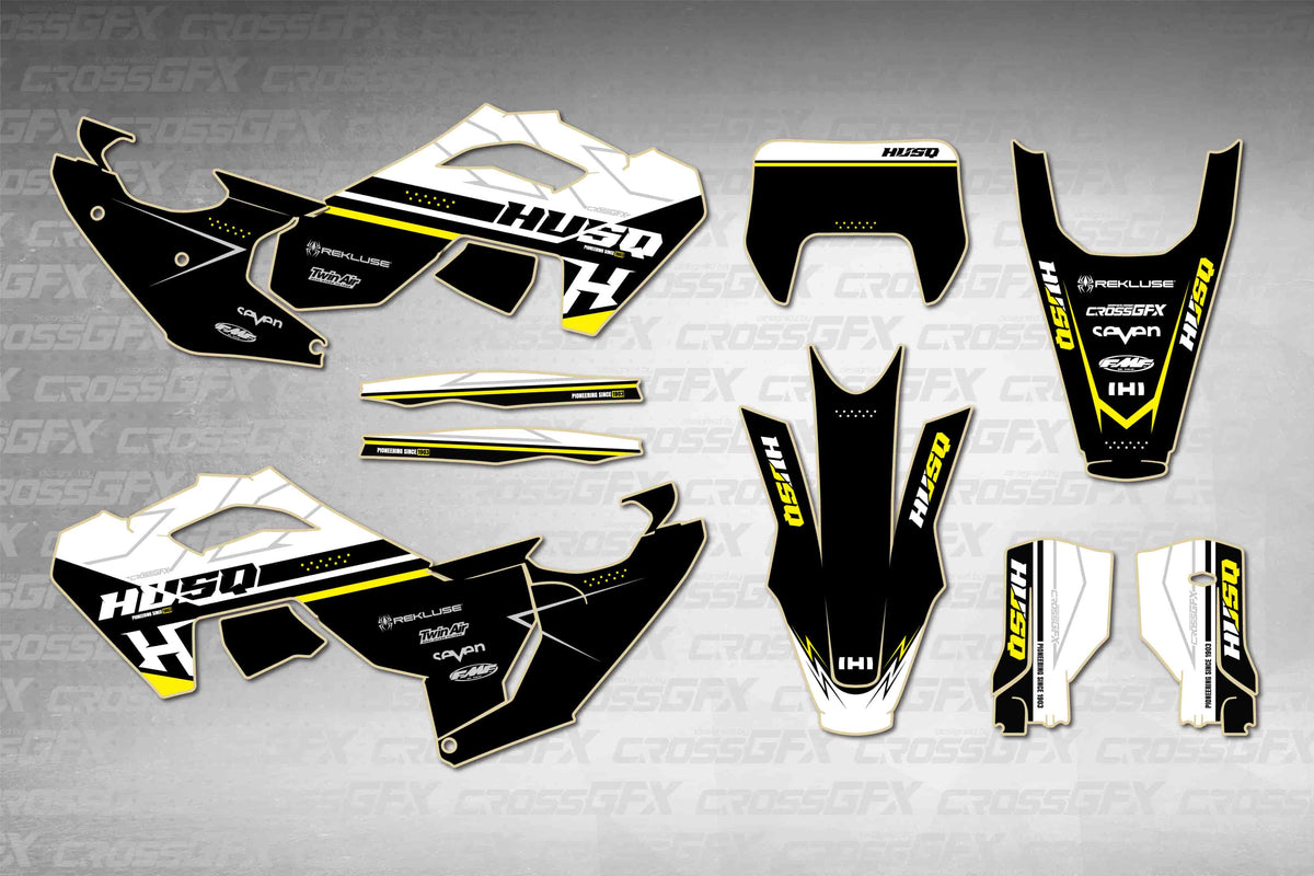 Husqvarna FE 2024-2025 Strike White graphics kit - flat layout showing all decal pieces included