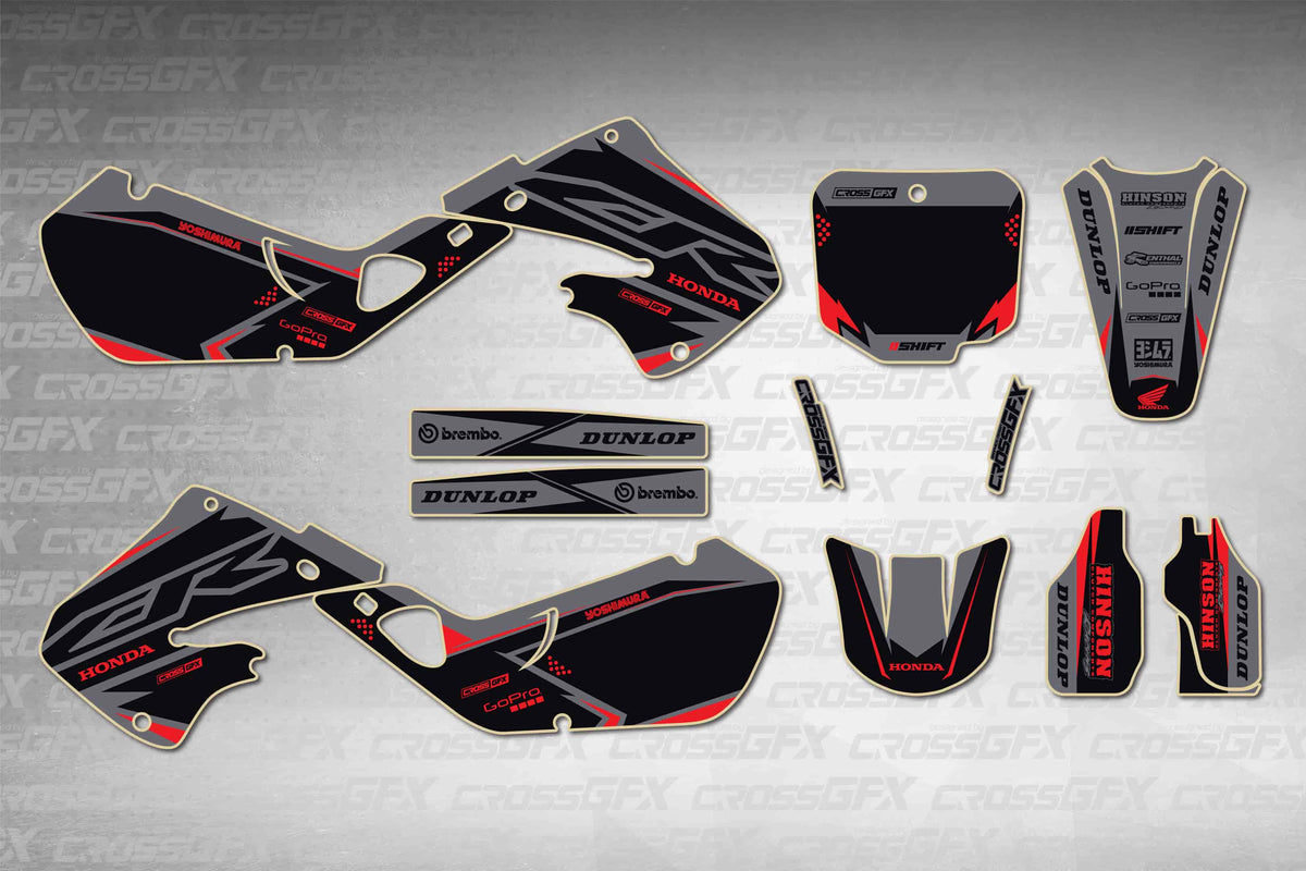 Graphics for Honda CR 125R 1998-1999 - Surge Grey - flat layout showing all decal pieces included