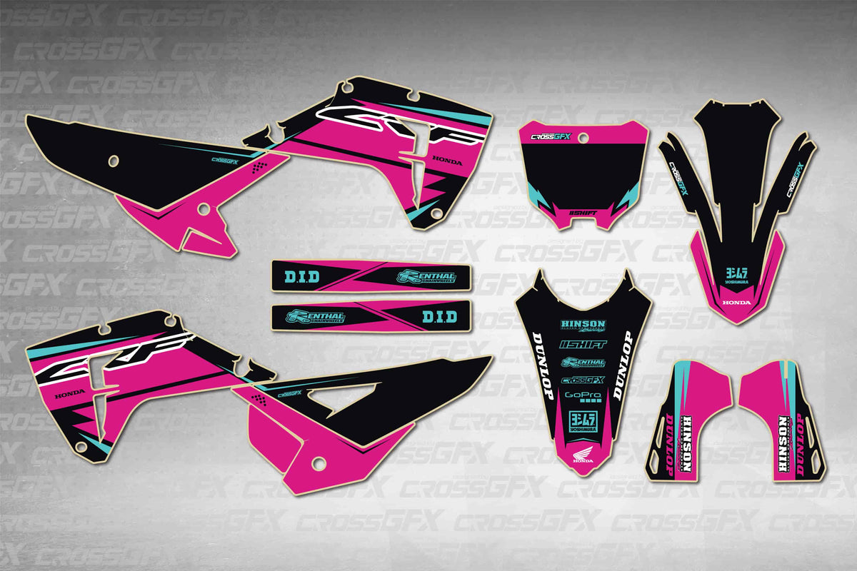 Honda CRF 250RX 2025-2026 Surge Pink graphics kit - flat layout showing all decal pieces included
