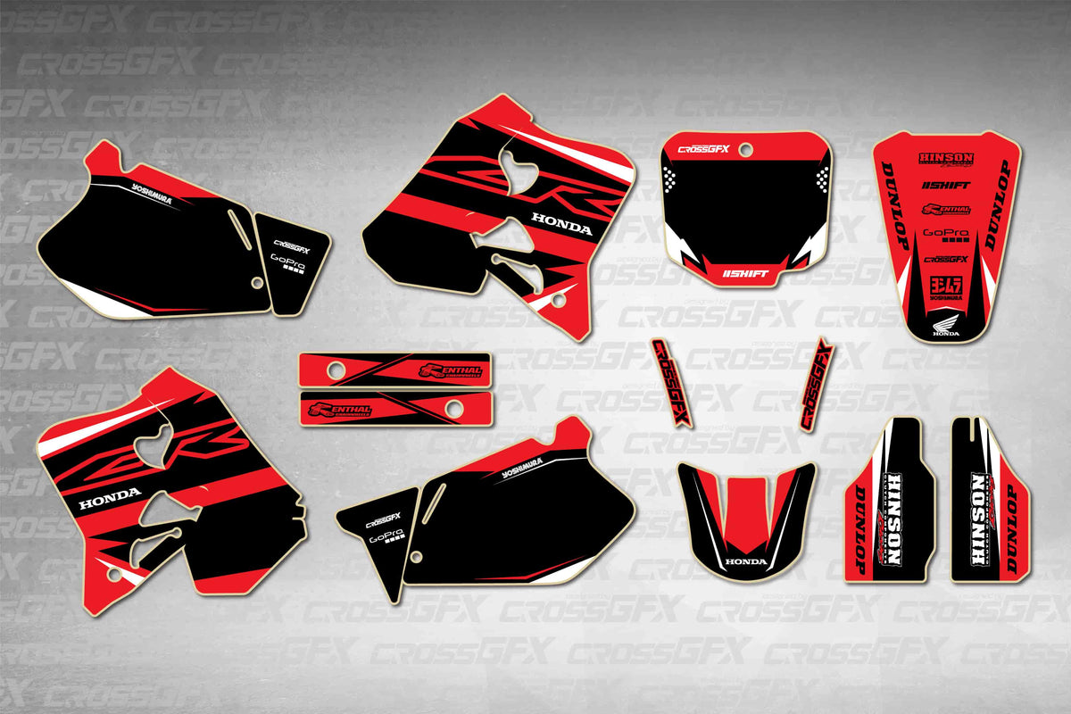 Graphics for Honda CR 250R 1995-1996 - Surge Red - flat layout showing all decal pieces included