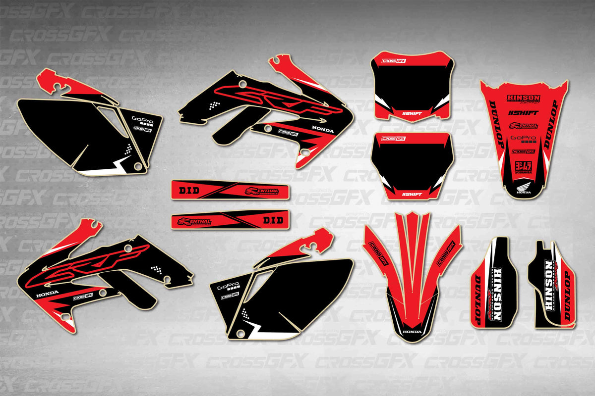 Honda CRF 250R 2006-2009 Surge Red graphics kit - flat layout showing all decal pieces included