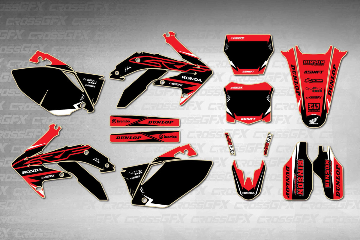 Honda CRF 450R 2005-2008 Surge Red graphics kit - flat layout showing all decal pieces included