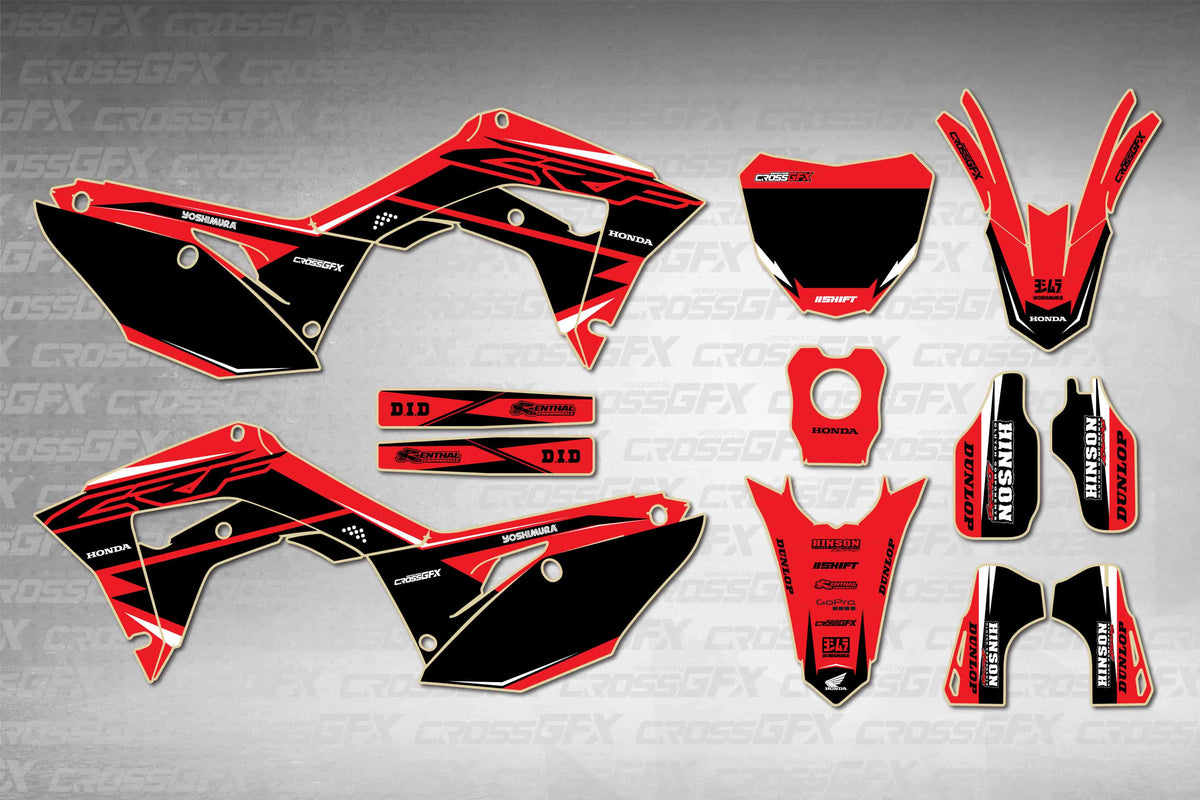 Honda CRF 450R 2017-2020 Surge Red graphics kit - flat layout showing all decal pieces included