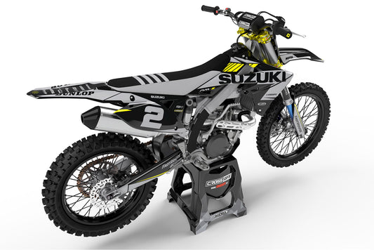 Rear view of the Blitz Black custom decal kit on a Suzuki motorcycle.