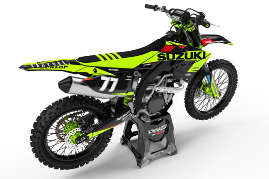 Rear view of the Blitz Fluorescent custom decal kit on a Suzuki motorcycle.