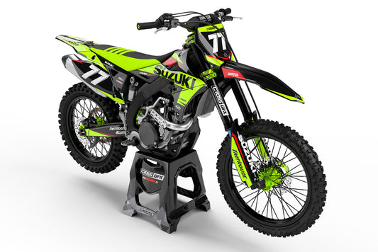 Front view of the Blitz Fluorescent motocross graphics kit on a Suzuki dirt bike.