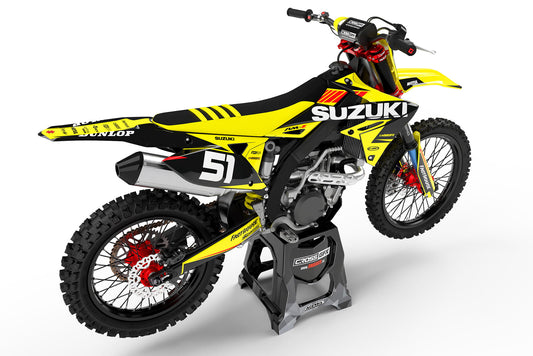 Rear view of the Blitz Yellow custom decal kit on a Suzuki motorcycle.