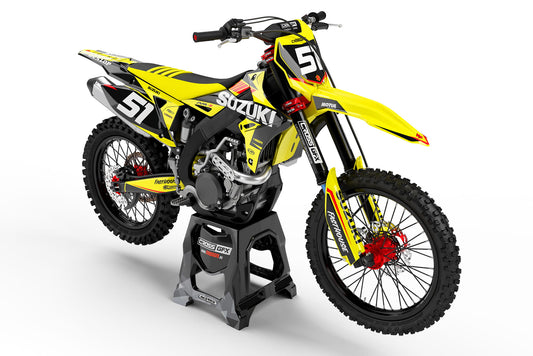 Front view of the Blitz Yellow motocross graphics kit on a Suzuki dirt bike.