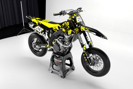 Promotional view of the Roar Black custom decal kit on a Suzuki motorcycle.
