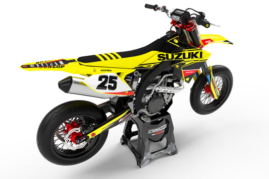 Rear view of the Standard Black custom decal kit on a Suzuki motorcycle.