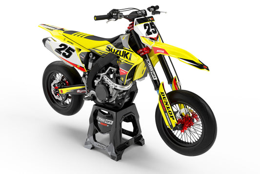 Front view of the Standard Black motocross graphics kit on a Suzuki dirt bike.