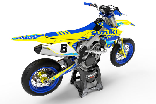 Rear view of the Standard Blue custom decal kit on a Suzuki motorcycle.