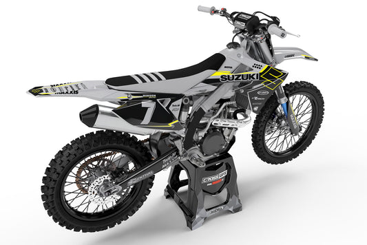 Rear view of the Viper Grey custom decal kit on a Suzuki motorcycle.