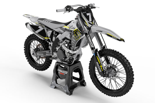 Front view of the Viper Grey motocross graphics kit on a Suzuki dirt bike.
