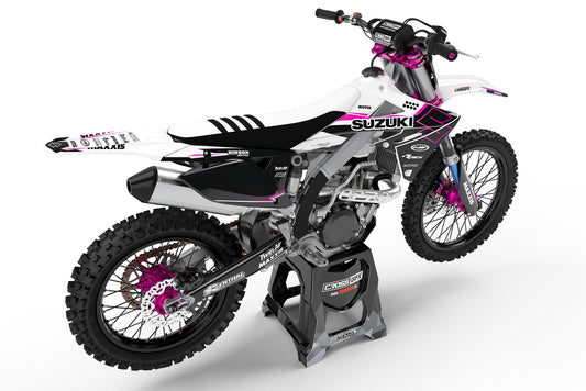 Rear view of the Viper White custom decal kit on a Suzuki motorcycle.