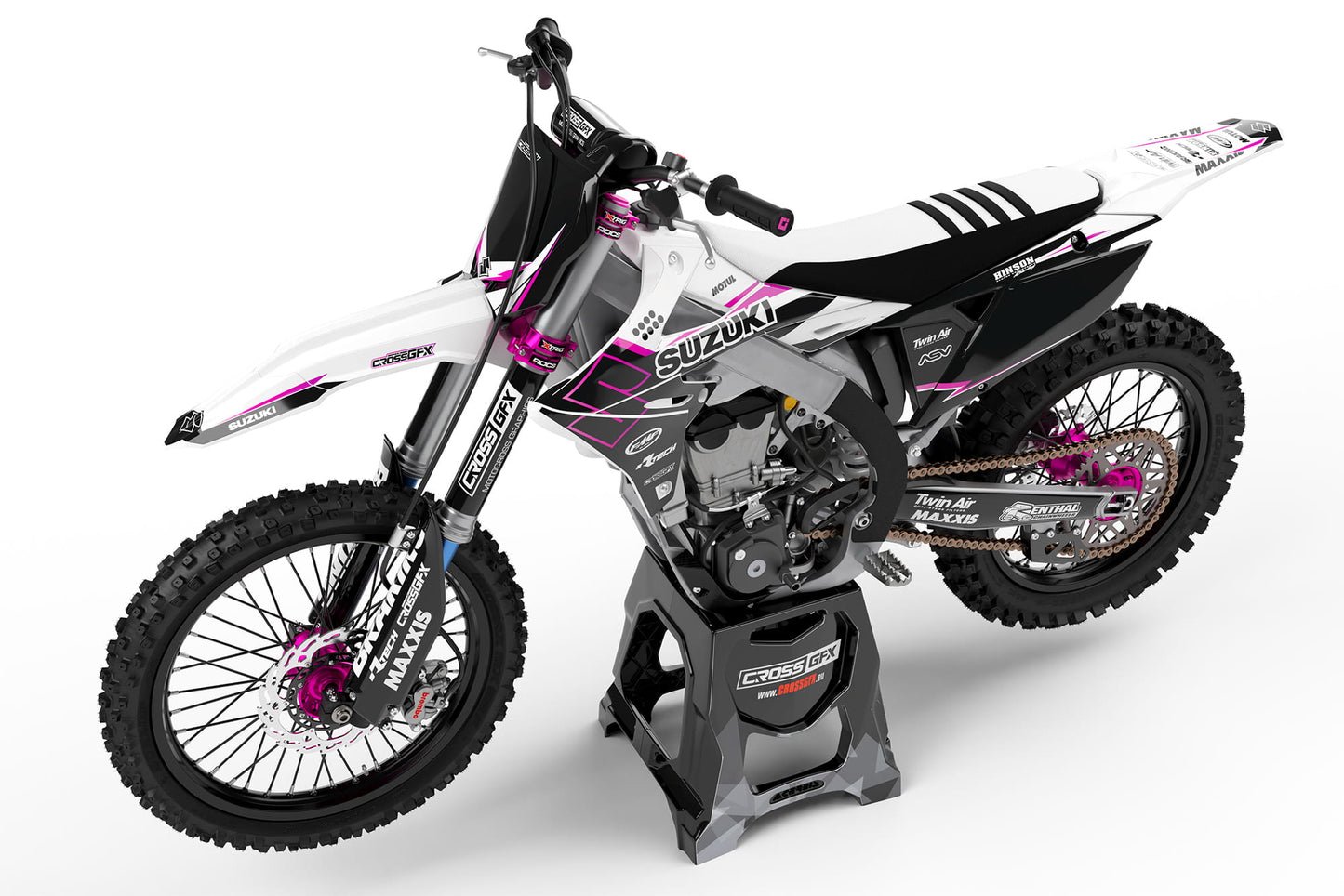 Side view of the Viper White racing graphics kit on a Suzuki dirt bike.