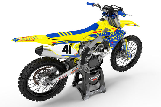 Rear view of the Viper Yellow custom decal kit on a Suzuki motorcycle.