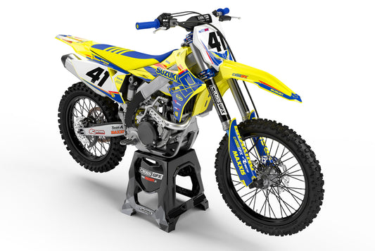 Front view of the Viper Yellow motocross graphics kit on a Suzuki dirt bike.