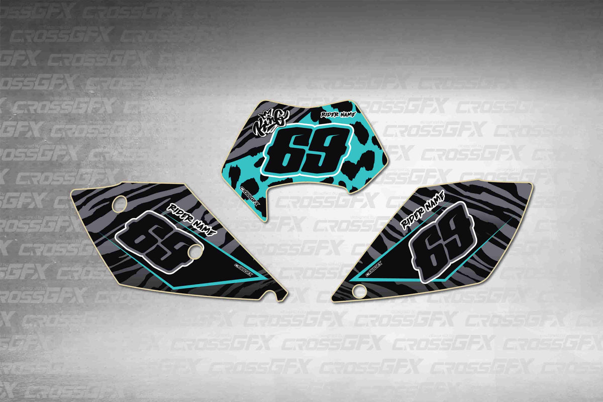 Graphics for KTM EXC 2005-2007 - Panther Teal number plate decals - flat layout showing all pieces included