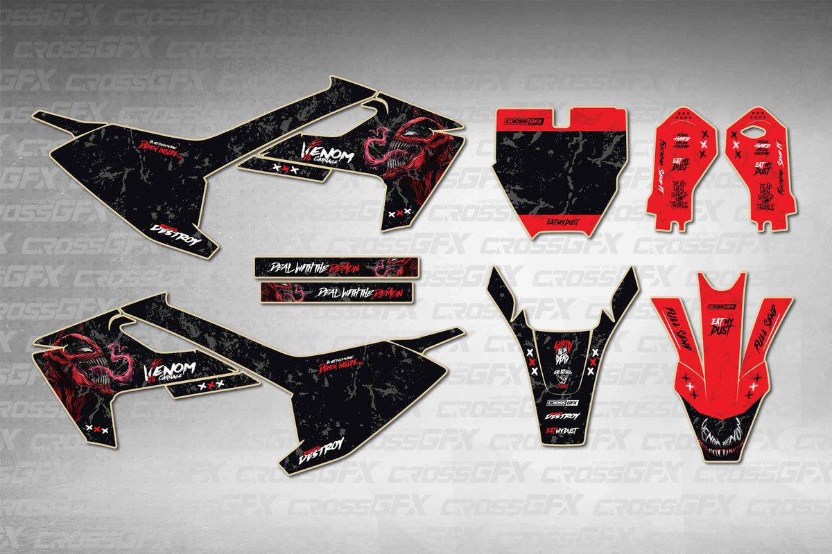 Husqvarna TC 50 2020-2023 Venom Black graphics kit - flat layout showing all decal pieces included
