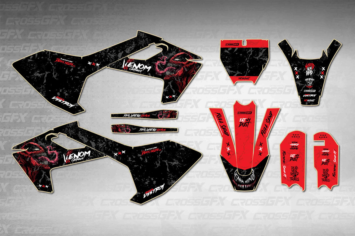 Husqvarna TC 65 2016-2018 Venom Black graphics kit - flat layout showing all decal pieces included