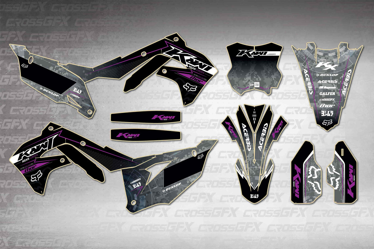 Graphics for Kawasaki KX 250 2021-2024 - Warfare Purple - flat layout showing all decal pieces included
