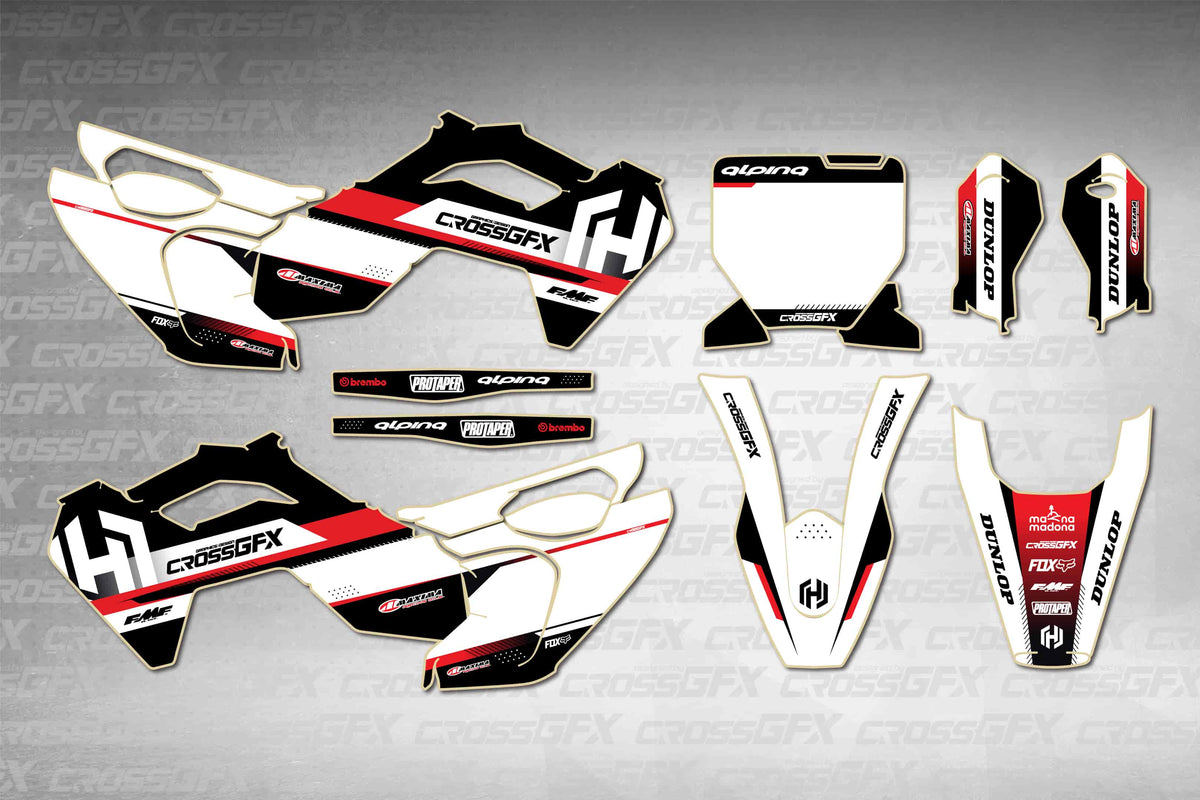 Husqvarna EE 5 2025-2026 Xcel Red graphics kit - flat layout showing all decal pieces included