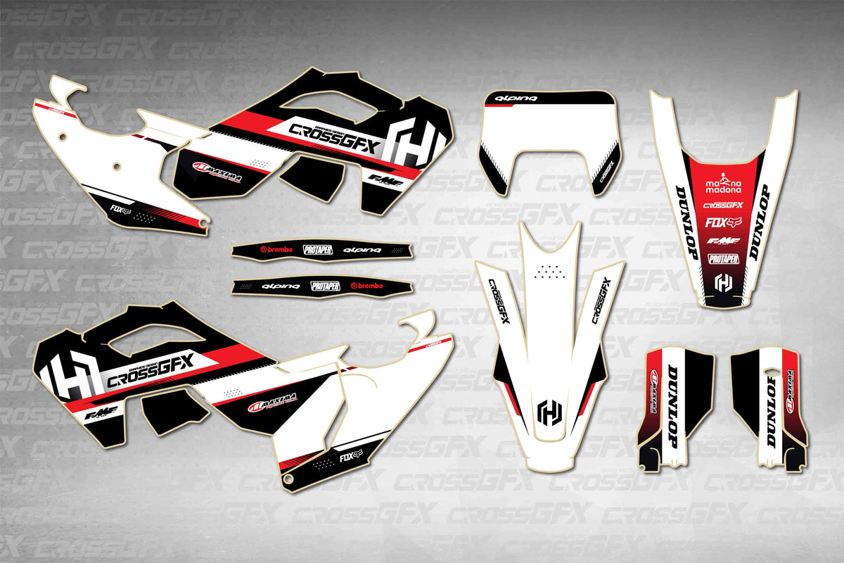 Husqvarna FE 2024-2025 Xcel Red graphics kit - flat layout showing all decal pieces included