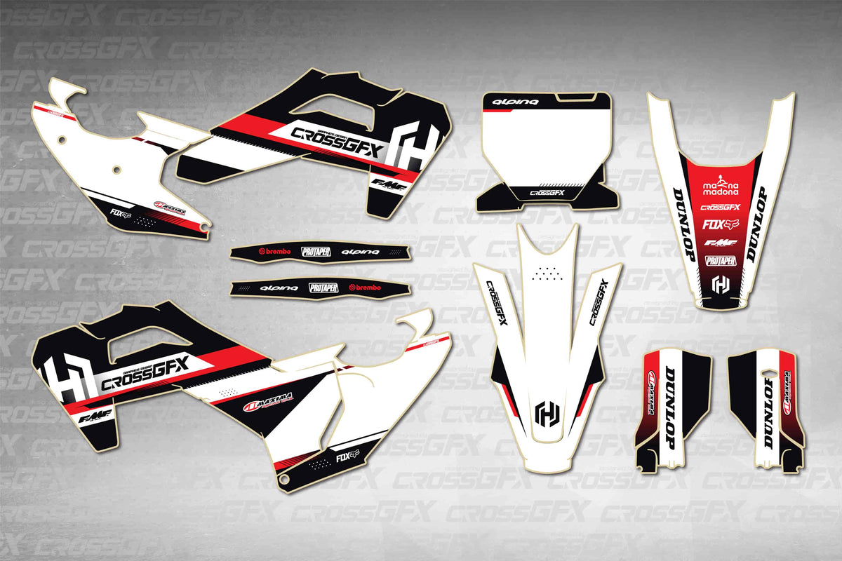 Husqvarna TX 300 2025-2026 Xcel Red graphics kit - flat layout showing all decal pieces included