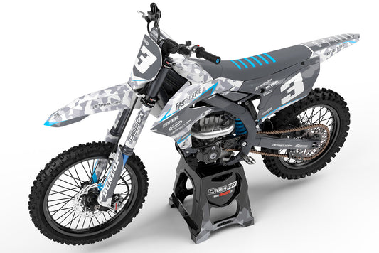 Left side view of the Apache Blue custom decal kit on a Yamaha motorcycle.