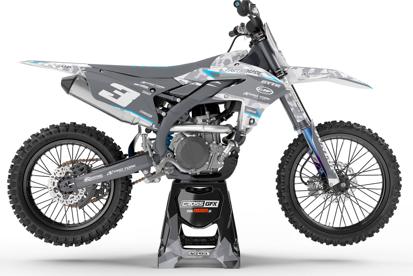 Side view of the Apache Blue off-road decal kit on a Yamaha motorcycle.