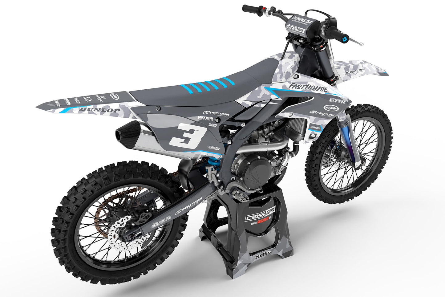Rear tail view of the Apache Blue racing graphics kit on a Yamaha dirt bike.