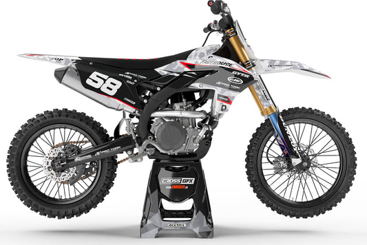 Right side view of the Apache Grey custom decal kit on a Yamaha motorcycle.