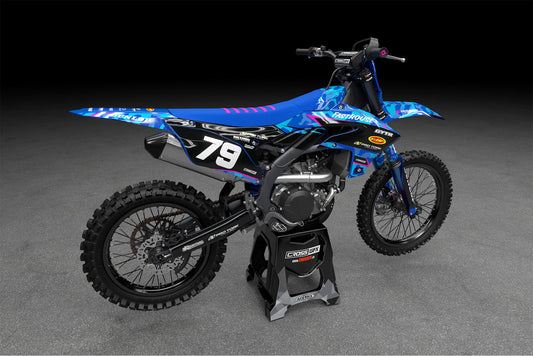 Promotional view of the Apache Pink custom decal kit on a Yamaha motorcycle.