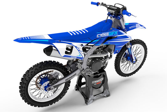 Rear view of the Apex Blue custom decal kit on a Yamaha motorcycle.