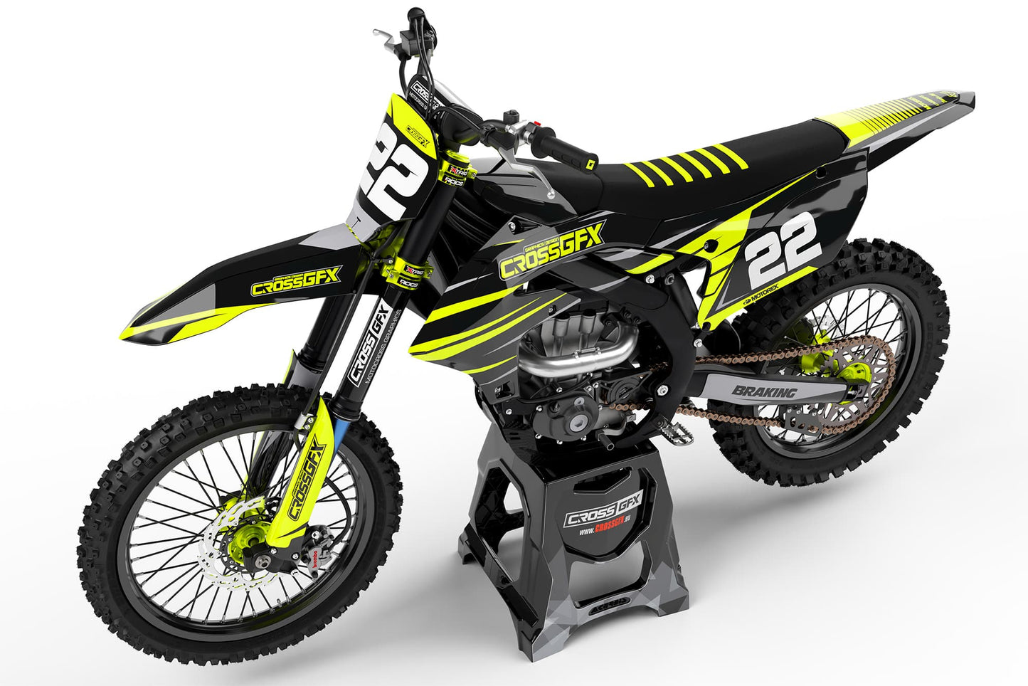 Side view of the Apex Fluorescent racing graphics kit on a Yamaha dirt bike.