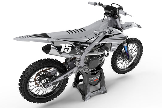 Rear view of the Apex Grey custom decal kit on a Yamaha motorcycle.