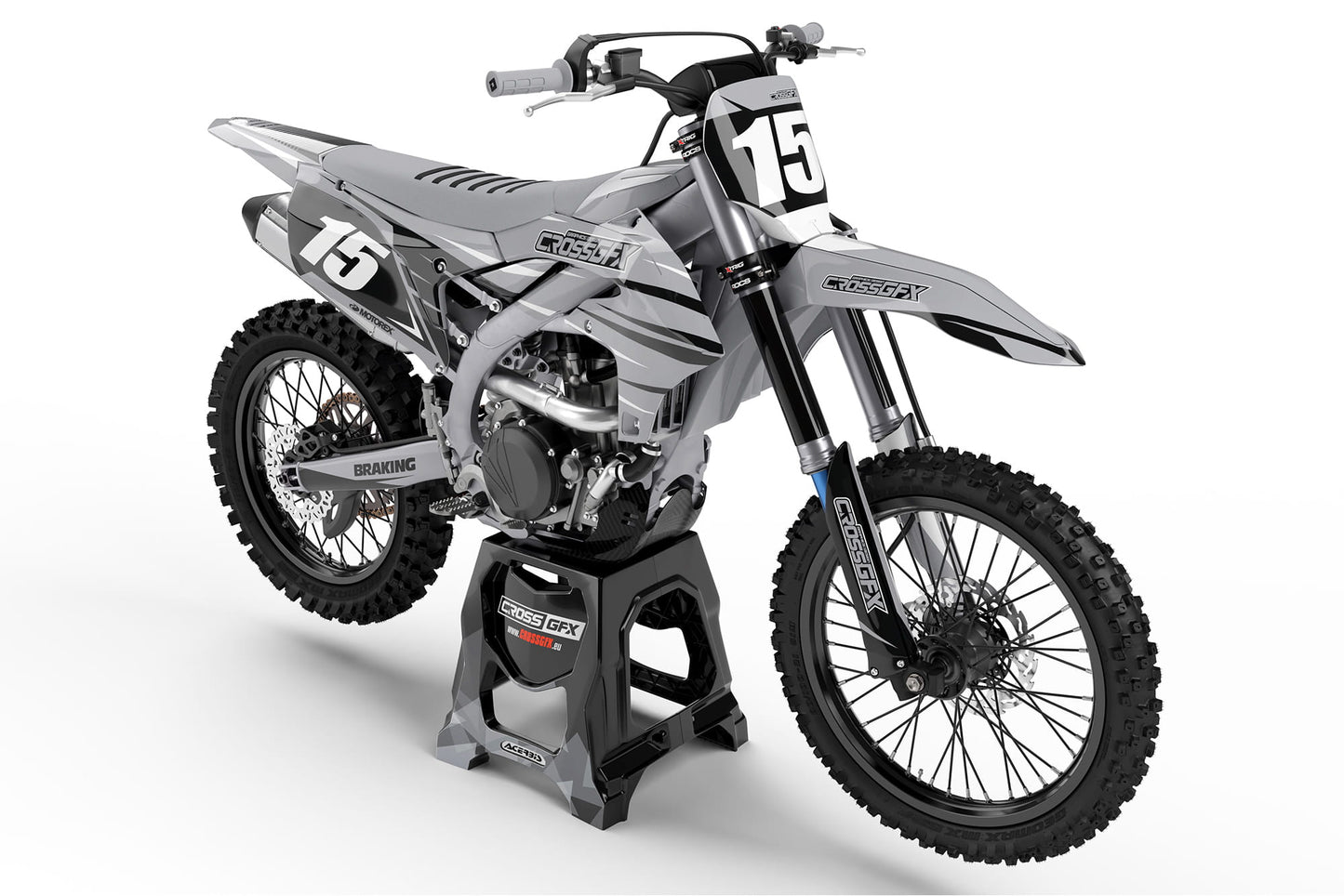 Front view of the Apex Grey motocross graphics kit on a Yamaha dirt bike.