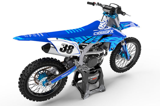 Rear view of the Element Blue custom decal kit on a Yamaha motorcycle.