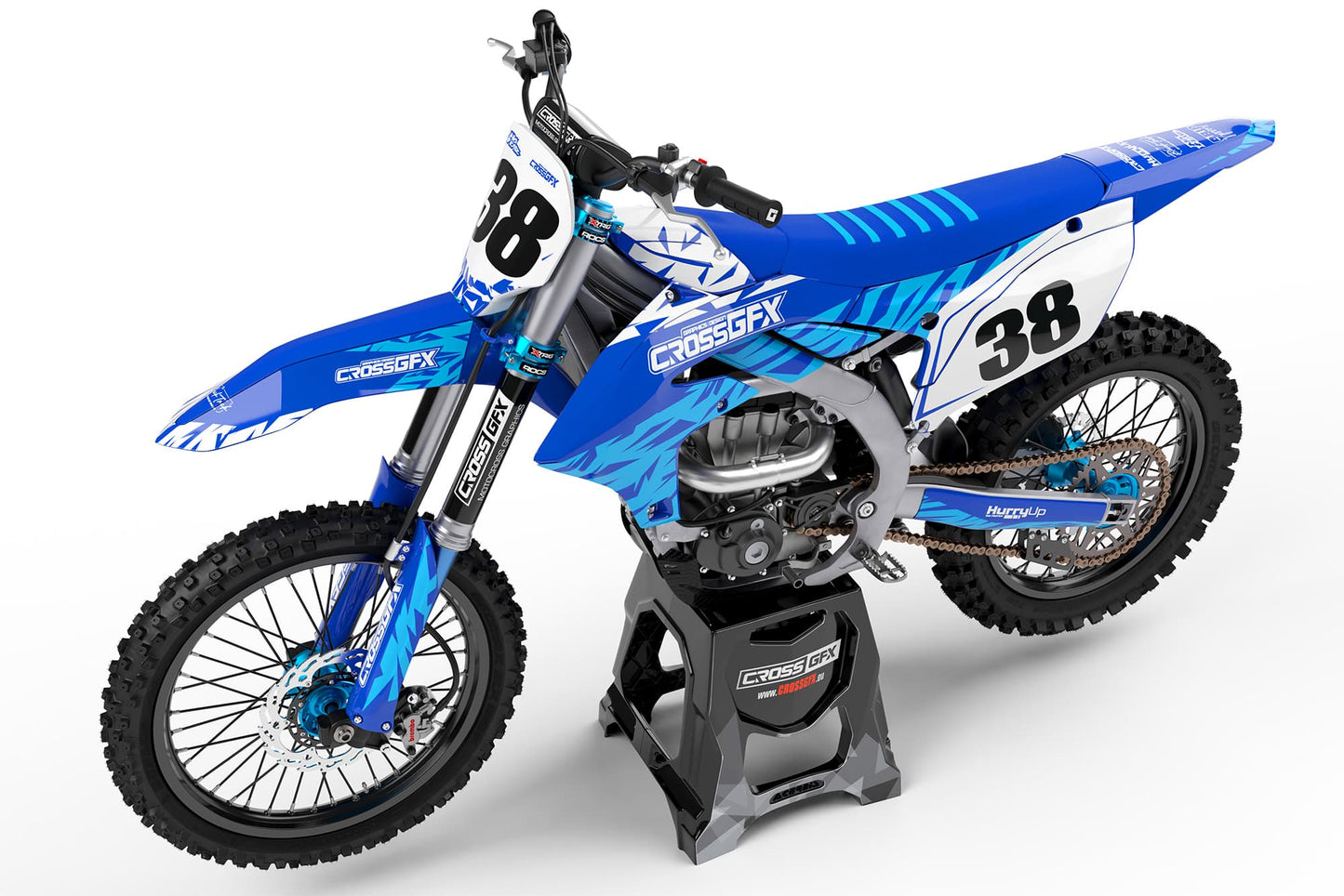 Side view of the Element Blue racing graphics kit on a Yamaha dirt bike.