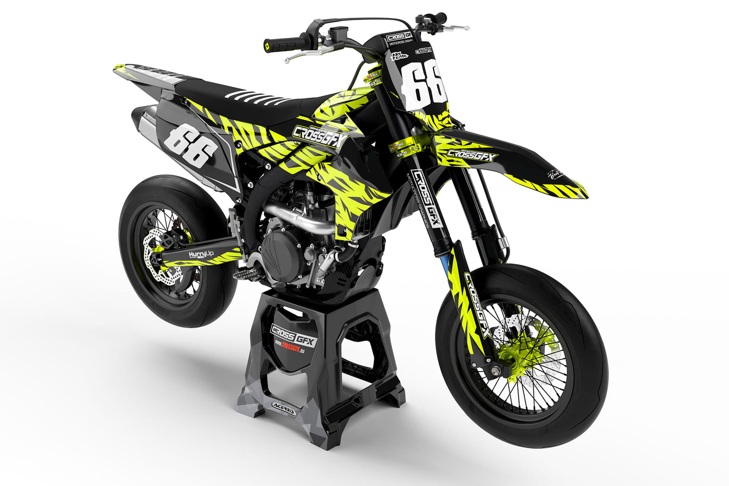 Front view of the Element Fluorescent motocross graphics kit on a Yamaha dirt bike.