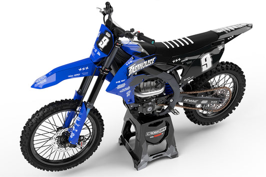 Left view of the Savage Blue custom decal kit on a Yamaha motorcycle.