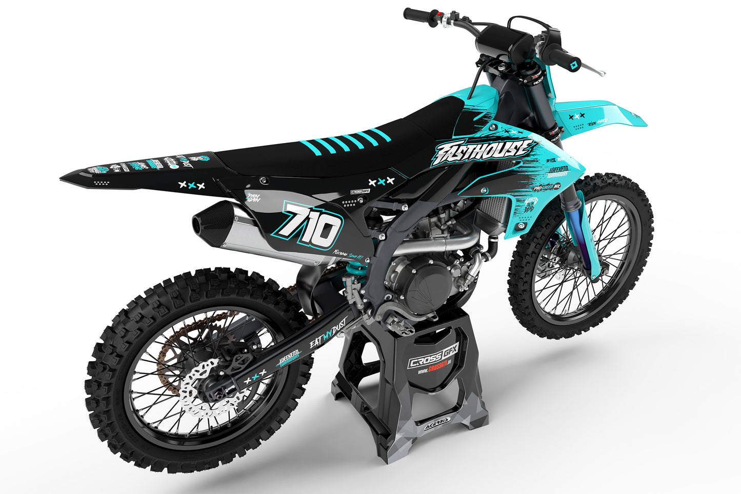 Rear view of the Savage Teal custom decal kit on a Yamaha motorcycle.