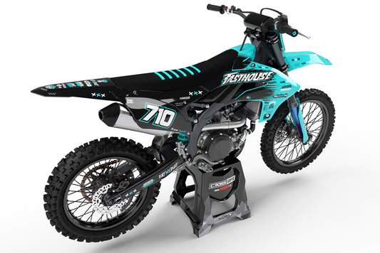 Rear view of the Savage Teal custom decal kit on a Yamaha motorcycle.