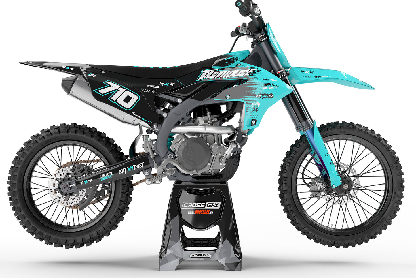 Side view of the Savage Teal racing graphics kit on a Yamaha dirt bike.