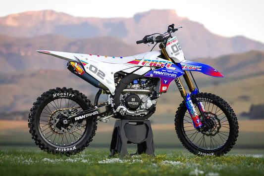 Promotional view of the Sunshine White custom decal kit on a Yamaha motorcycle.