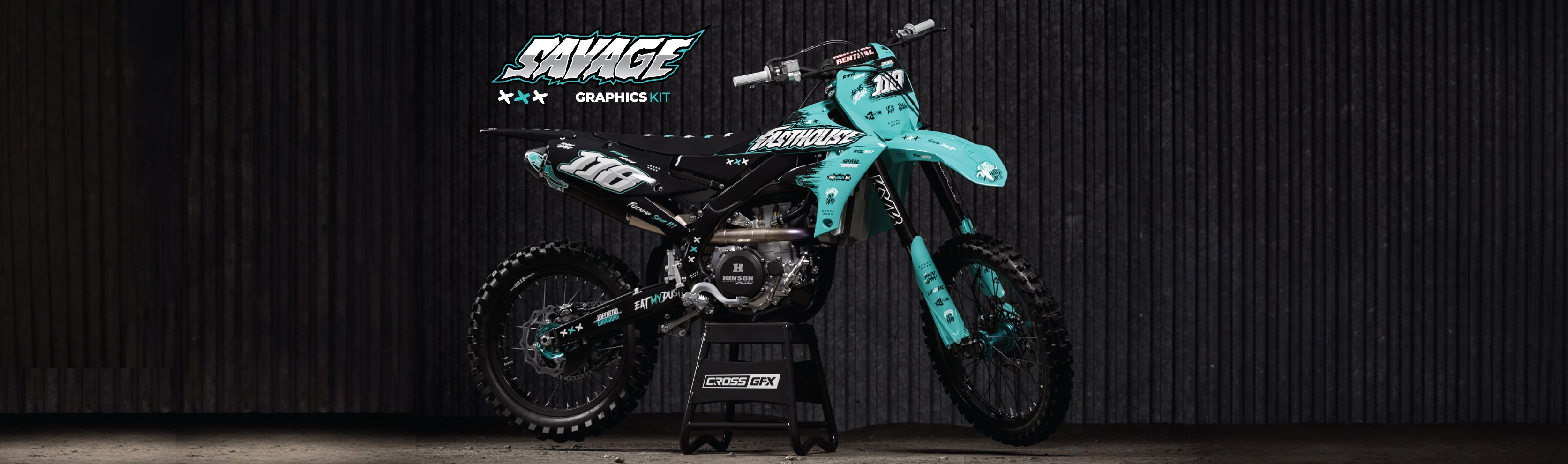 Yamaha Dirt Bike Graphics Kit 'SAVAGE' in Black and Teal Color