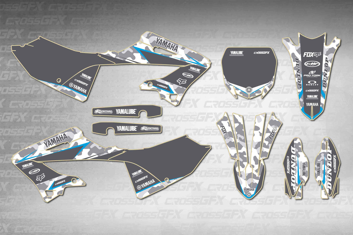 Yamaha YZ 125 2022-2026 Apache Blue graphics kit - flat layout showing all decal pieces included
