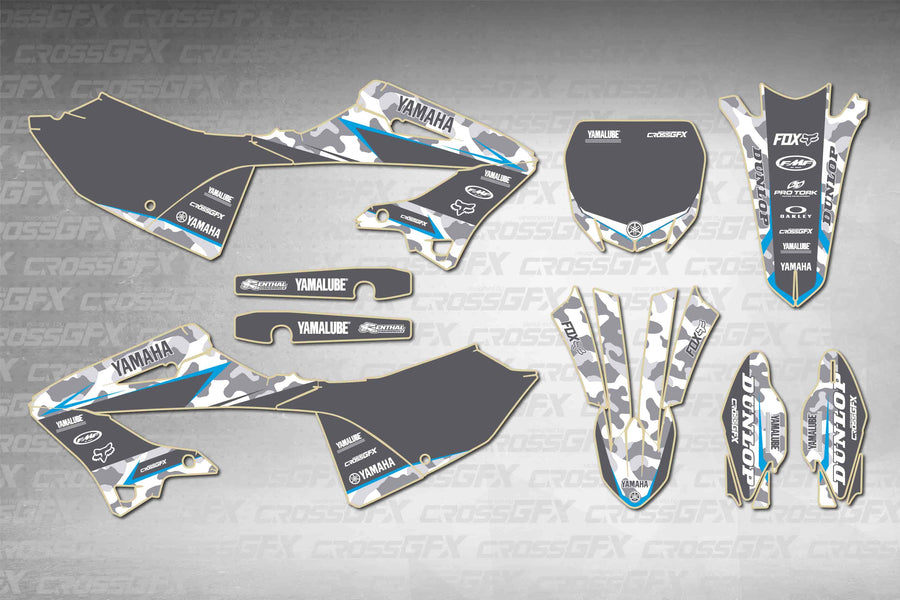 Yamaha YZ 125 2022-2026 Apache Blue graphics kit - flat layout showing all decal pieces included